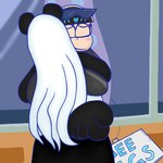 1:1 ambiguous/ambiguous ambiguous_gender anthro bear black_body black_fur blush bodily_fluids clothed clothing crying digital_media_(artwork) duo english_text eyebrows eyes_closed eyewear eyewear_on_head fur fur_markings giant_panda hair hug human interspecies karamatsu_matsuno lunarpanda8686 mammal markings mika_(lunarpanda8686) mr._osomatsu round_ears sign simple_background slightly_chubby store sunglasses sunglasses_on_head tail tail_motion tailwag tears text white_body white_fur white_hair window