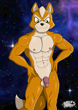 abs anthro balls black_nose dipstick_tail flaccid fox_ears fox_tail fur genitals green_eyes male markings muscular muscular_anthro muscular_male nipples nude orange_body orange_fur penis solo solo_focus space tail tail_markings ciel-wolf nintendo star_fox fox_mccloud canid canine fox mammal