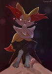 anthro anthro_focus backlighting black_body black_fur blush bodily_fluids breath crossed_legs dripping duo erection fangs feet female female_focus first_person_view fluffy fluffy_tail foot_fetish foot_focus foot_play footjob fur genital_fluids genitals glowing glowing_eyes grin grinning_at_viewer human_on_anthro human_on_bottom humanoid_genitalia humanoid_penis inner_ear_fluff interspecies light looking_at_viewer low-angle_view male male/female male_on_anthro male_pov multicolored_body multicolored_fur narrowed_eyes open_mouth paws penile penis pokephilia precum precum_drip red_eyes seductive sex shaking smile smug snout sweat tail teeth throbbing throbbing_penis toes tremble_spikes trembling tuft white_body white_fur yellow_body yellow_fur fiendingcat nintendo pokemon braixen canid generation_6_pokemon human mammal pokemon_(species) absurd_res hi_res lighting