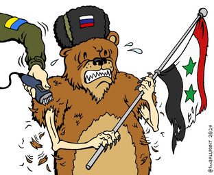 4_fingers ambiguous_gender anthro black_nose bodily_fluids brown_body brown_fur claws clenched_teeth clothing duo electric_razor fingers flag flag_(object) flag_clothing fur green_clothing green_shirt green_topwear hat headgear headwear holding_flag holding_object male political_cartoon politics razor russia russian russian_flag shaving shaving_fur shirt simple_background solo_focus sweat syria syrian_flag teeth tools topwear ukraine ukrainian ukrainian_flag ushanka war white_background 9mmballpoint russo-ukrainian_war syrian_civil_war bear human mammal 2024