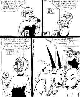 anthro bell bell_collar breasts cleavage clothed clothed_anthro clothed_female clothing collar dessert dialogue doughnut ear_piercing ear_ring eyes_closed female fingers food fur giggling group hair hooved_fingers hooves horn open_mouth pastry piercing ring_piercing text trio wool_(fur) tegerio cassandra_(tegerio) kangy_(tegerio) lana_lynne antelope bovid caprine kangaroo macropod mammal marsupial sheep 2023 black_and_white comic english_text hi_res monochrome