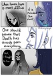 animated_skeleton bone cloak clothing death_(personification) dialogue duo english_text female hand_on_mouth hood hood_up humanoid jenny_jinya life_(jenny_jinya) lips loving_reaper male narrowed_eyes robe skeleton skull skull_head smile spirit starry_hair text undead