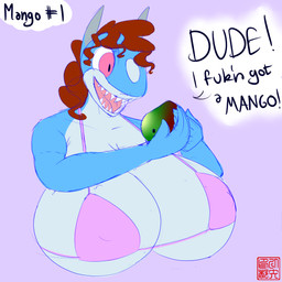 5_fingers anthro big_breasts black_text blue_arms blue_body blue_skin breasts clothed clothed_anthro clothed_female clothing dialogue female female_anthro fingers food fruit grey_ears hair holding_food holding_fruit holding_mango holding_object huge_breasts hyper hyper_breasts mango_(fruit) nipple_outline nipples non-mammal_breasts non-mammal_nipples open_mouth open_smile pink_eyes plant purple_background red_hair sharp_teeth showing_teeth simple_background smile solo teeth text white_body white_breasts white_skin wide_eyed shannon_shark_(artist) shannon_shark aquatic carpet_shark fish ginglymostomatid nurse_shark shark 1:1 absurd_res english_text hi_res