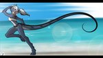 anthro beach clothing female hair horn long_hair long_tail multi_horn running sand sea sky solo sun swimwear tail water auveiss mythology airana_stormrider dragon mythological_creature mythological_scalie scalie 2019 digital_media_(artwork) signature