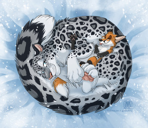 ambiguous_gender black_nose blep dipstick_tail duo feral fur gloves_(marking) grey_body grey_fur leg_markings markings orange_body orange_fur outside pawpads pink_nose pink_pawpads snow snowing socks_(marking) spots spotted_body spotted_fur tail tail_markings tongue tongue_out whiskers conditional_dnp tani_da_real canid canine felid fox mammal pantherine snow_leopard