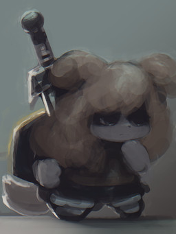 anthro bangs black_eyes black_nose chibi clothed clothing empty_eyes eyelashes featureless_hands female female_anthro floppy_ears fully_clothed fur grey_tail hair kemono long_hair looking_forward melee_weapon mouth_closed shield solo standing sword tail tan_ears tan_hair weapon white_body white_fur hasukii bon_(hasukii) canid canine mammal 3:4