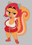 anthro bangs big_breasts big_tail blush blush_stickers bob_cut breasts buckteeth cleavage clothed clothing eyebrows female hair looking_aside narrowed_eyes orange_body raised_eyebrows red_hair red_nose solo straight_bangs tail teeth toony track_jacket unibrow unzipping strawberrywith4 animal_crossing nintendo hazel_(animal_crossing) absurd_res digital_media_(artwork) hi_res