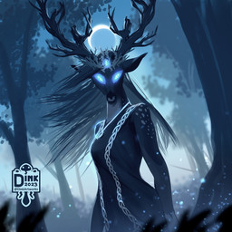 antlers blue_lighting clothing crown dress female forest glowing glowing_eyes hair headgear horn jewelry light long_hair moon moonlight night pendant plant scary spots tree white_spots josiedink cervine deer mammal 1:1 hi_res