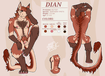 4_toes anthro armpit_hair body_hair chest_hair dian_(dian) fangs feet flaccid fur genitals hair male paws penis pubes red_body red_fur red_hair solo spots tail tail_tuft tattoo teeth text tipiets toes tuft dian mammal 2024 absurd_res hi_res model_sheet signature
