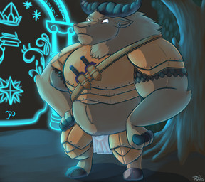 anthro armor art_nouveau barefoot belly biceps big_belly biped brown_body brown_fur clothed clothing dagger ear_piercing feet front_view fur grumpy hands_on_hips hooves horn male melee_weapon musclegut muscular outside piercing plant solo tree weapon tanio j._r._r._tolkien middle-earth_(tolkien) the_lord_of_the_rings bovid bovine cape_buffalo mammal 2015 digital_media_(artwork) signature