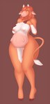 anthro bovid bovine breasts breasts_and_teats cattle changeling_tale curvy_figure female fur genitals hair hi_res hooves horn long_tail mammal marion_(changeling_tale) nipples nude orange_body orange_fur orange_hair pussy ruruscube shy simple_background solo standing tail teats thick_thighs udders voluptuous