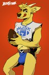 american_football anthro ball clothing crop_top fangs fur gridiron_ball horn jockstrap licking licking_lips male midriff shirt solo sport teeth text text_on_clothing text_on_topwear tongue tongue_out topwear underwear yellow_body yellow_fur yeenstank dj_strap cervine deer mammal muntjac hi_res