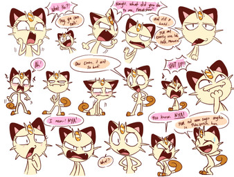 dialogue duo eyelashes female feral forehead_coin fur horrified male profanity talking_feral text white_body white_fur emositecc nintendo pokemon team_rocket meowth_(team_rocket) meowzie felid feline generation_1_pokemon mammal meowth pokemon_(species) comic english_text hi_res