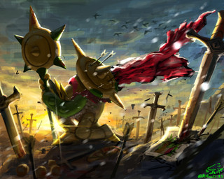 armor arrow_(weapon) battlefield biped blood blood_on_object blood_on_weapon bodily_fluids detailed_background fingers holding_object holding_weapon ranged_weapon red_scarf scarf solo sun sunrise sword_in_ground weapon rhond_45 nintendo pokemon pokemon_legends_z-a ambient_bird generation_9_pokemon mega_chesnaught mega_evolution pokemon_(species) hi_res signature