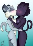 anthro black_body black_fur blue_background blush breast_squish breasts breasts_frottage cheek_tuft duo eyes_closed facial_tuft female female/female fur gradient_background hand_behind_back hand_on_shoulder hug inner_ear_fluff kissing melanistic nude side_boob simple_background squish stripes tuft lechugansfw brawlhalla rivals_of_aether asuri_(brawlhalla) clairen_(rivals_of_aether) felid feline mammal pantherine tiger hi_res