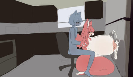 anthro big_breasts bodily_fluids breasts chair countershade_breasts countershade_face countershade_fur countershade_torso countershading duo excessive_lactation female fur furniture hair huge_breasts kemono lactating larger_female male male/female nipples nude on_chair simple_background sitting sitting_on_chair size_difference smaller_male tail thick_thighs utterangle unnamed_cat_(utterangle) unnamed_fox_(utterangle) canid canine domestic_cat felid feline felis fox mammal red_fox true_fox colored digital_media_(artwork) hi_res meme redraw