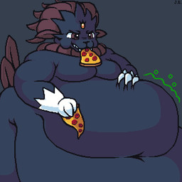 anthro belly belly_rolls belly_squish big_belly blue_body breasts brown_eyes brown_hair claws deep_navel eating eating_food fangs female food food_in_mouth forehead_gem gem grey_background hair hand_on_belly hand_on_own_belly holding_food holding_object holding_pizza huge_belly hyper hyper_belly morbidly_obese morbidly_obese_anthro morbidly_obese_female mouth_hold narrowed_eyes navel obese obese_anthro obese_female overweight overweight_anthro overweight_female pizza simple_background solo squish teeth jellybru nintendo pokemon generation_4_pokemon mammal pokemon_(species) weavile 1:1 2023 digital_media_(artwork) pixel_(artwork) signature