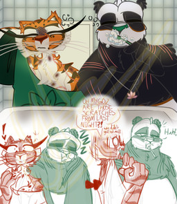anthro bathroom bite_mark bruised brush brushing brushing_teeth clothing dialogue duo female hickey jewelry male male/female mini_comic necklace oversized_clothing scratches shocked sink speech_bubble spots striped_body stripes text tired yarart dreamworks kung_fu_panda master_po_ping master_tigress bear felid feline giant_panda mammal pantherine tiger ursine comic english_text sketch