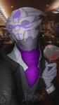 alcohol beverage black_clothing claws clothed clothing container cup drinking_glass glass glass_container glass_cup glowing glowing_eyes grey_body inside light looking_at_viewer male markings no_pupils photo_background purple_clothing purple_eyes purple_markings purple_sclera selfie shirt slim solo suit topwear white_claws white_clothing wine wine_glass raiyk bioware electronic_arts mass_effect fan_character leifkin alien turian 9:16 half-length_portrait hi_res photography_(artwork) portrait shaded signature