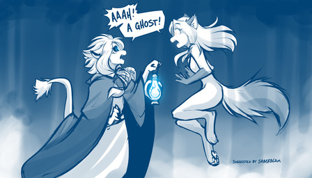 anthro black_sclera blue_background braided_hair breasts casual_nudity cloak clothed clothing dialogue digitigrade dress duo featureless_breasts female floating gloves_(marking) gradient_background hair holding_object humor lamp lantern leg_markings markings nude open_mouth pawpads screaming side_view simple_background socks_(marking) text conditional_dnp tom_fischbach twokinds laura_(twokinds) willow_wisp canid canine felid fox ghost keidran lion mammal pantherine red_fox spirit true_fox 2020 7:4 adobe_photoshop_(artwork) digital_media_(artwork) english_text hi_res monochrome sketch