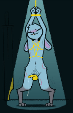 anthro bdsm bite bite_mark bite_mark_on_neck biting_lip blue_body blue_fur bodily_fluids bondage bound buckteeth dripping femboy fur genital_fluids genitals hands_tied male melee_weapon nude occult_symbol penis pentagram precum precum_drip pubes solo spotlight sword symbol teeth weapon yellow_penis torturabbit zaya_(bleau) felid feline hybrid lagomorph leporid mammal rabbit nonbinary_(lore)