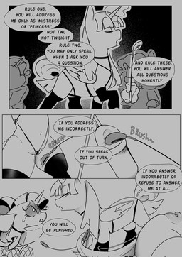 armwear bdsm blindfold clothing dominant dominant_female female feral genitals group harness horn horn_jewelry horn_ring jewelry legwear riding_crop ring_(jewelry) scared stockings tail text whip wings not_today_satan friendship_is_magic hasbro my_little_pony mythology applejack_(mlp) fluttershy_(mlp) pinkie_pie_(mlp) rainbow_dash_(mlp) rarity_(mlp) twilight_sparkle_(mlp) equid equine horse mammal mythological_creature mythological_equine pegasus pony unicorn winged_unicorn comic english_text hi_res monochrome