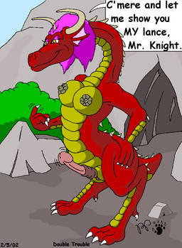 animal_genitalia anthro areola beckoning breasts cave dialogue digitigrade erection eyeshadow genitals gesture gynomorph hair horn intersex makeup nipples nude nude_gynomorph orange_eyes penis pink_eyeshadow plant purple_hair red_body red_scales scales sheath shrub solo spines tail text yellow_areola yellow_nipples kthanid_(artist) mythology dragon mythological_creature mythological_scalie scalie 2002 english_text