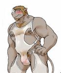 2019 5:6 adharc anthro balls biceps blush body_hair chest_hair clothed clothing facial_hair genitals goatee hi_res horn hyenaface lingerie male mammal muscular muscular_anthro muscular_male nipples pecs pubes rhinoceros simple_background skimpy solo tattoo white_background