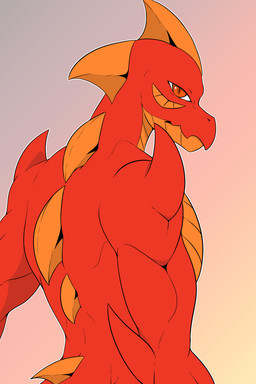 anthro arm_spikes back_spikes elbow_spikes male muscular muscular_male orange_body orange_eyes orange_scales pupils red_body red_scales scales shoulder_spikes side_view simple_background slit_pupils solo spikes spikes_(anatomy) novah_ikaro mythology novah_ikaro_(character) dragon mythological_creature mythological_scalie scalie wingless_dragon 2:3 absurd_res hi_res