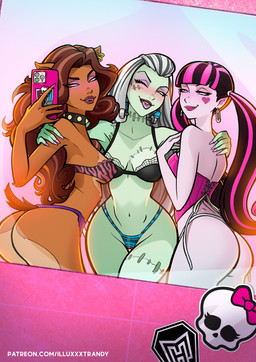 bikini black_hair breasts brown_body brown_hair butt cellphone clothing collar collarbone corset ear_piercing ear_ring electronics eyebrows eyelashes fangs female green_body green_eyes green_skin grey_hair group hair hand_on_another's_shoulder hand_on_shoulder lingerie long_hair multicolored_hair one_eye_closed phone piercing pink_hair ring_piercing side_view smartphone spiked_collar spikes stitch_(sewing) swimwear teeth thigh_gap topwear trio twintails_(hairstyle) two-piece_swimsuit two_tone_hair white_hair wide_hips wink illuxxxtrandy mattel monster_high mythology clawdeen_wolf draculaura frankie_stein animal_humanoid canid canid_humanoid canine canine_humanoid humanoid mammal mammal_humanoid mythological_canine mythological_creature patchwork_creature undead vampire werecanid werecanine werecreature werewolf wolf_humanoid zombie 2022 absurd_res hi_res