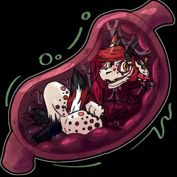 anthro blush ear_piercing freckles horn inside_stomach male organs piercing slime smile smiling_at_viewer solo stomach tucked_tail vore x-ray_view russetptato rudybold foxbold kobold scalie 1:1 hi_res