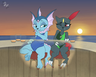 andromorph anthro bar beach bladder_bulge bodily_fluids camel_toe claw_fingers claw_toes claws clothing container cup duo female femboy fin flat_chested glass glass_container glass_cup intersex nipple_outline omorashi one-piece_swimsuit pawpads school_swimsuit seaside semi-anthro sunset sweat sweatdrop swimwear tail text wardrobe_malfunction the2ofarts nintendo pokemon lira_(dragon-tear) varra_(dragon-tear) eeveelution generation_1_pokemon generation_2_pokemon pokemon_(species) sneasel vaporeon 2022 absurd_res english_text hi_res signature