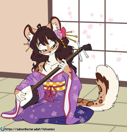 anthro asian_clothing breasts cherry_blossom claws cleavage clothed clothing east_asian_clothing female finger_claws flower fluffy fluffy_tail hair inner_ear_fluff japanese_clothing kimono kneeling long_hair markings musical_instrument off_shoulder plant plucked_string_instrument prunus_(flower) shamisen smile spots spotted_body string_instrument tail tuft fuf felid feline mammal hi_res