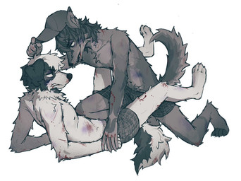 angry anthro beaten beaten_up bite_mark blood bodily_fluids boxers_(clothing) boxers_only bruised clenched_teeth clothed clothing duo ear_piercing eye_contact facial_piercing frown frowning_at_another hat headgear headwear looking_at_another lying male male/male male_anthro navel nose_piercing nose_ring on_back piercing post_fight ring_piercing septum_piercing septum_ring teeth topless underwear underwear_only papyuuno canid canine canis domestic_dog mammal