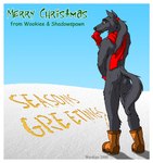 anthro biped bodily_fluids butt clothing fur genital_fluids grey_body grey_fur hair handwear holiday_message holidays male mittens ponytail scarf snow solo text urine wooky christmas canid canine mammal 2000 english_text