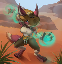anthro bandage big_breasts blue_eyes bottomwear breasts claws clothing countershading desert dipstick_tail ear_piercing ear_ring female fur hat headgear headwear knife magic markings monk outside pawpads piercing pink_body pink_fur ring_piercing shirt shorts solo standing straw_hat tail tail_markings tank_top toe_claws topwear murra blizzard_entertainment warcraft meru_(emerald_wyvern) canid mammal vulpera absurd_res hi_res
