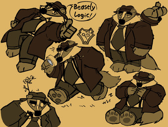 3_toes 4_fingers anthro belly bottomwear clothing feet fingers hat headgear headwear magnifying_glass male necktie overweight overweight_male pants shirt sitting sleeping solo standing text toes topwear bencomedion beastly_crimes beastly_crimes_(2024) chief_badger badger mammal mustelid musteline 2026 english_text hi_res