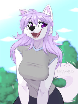 anthro biped bottomwear breasts clothed clothed_anthro clothed_female clothing female front_view fully_clothed fully_clothed_anthro fully_clothed_female fur hair smile solo standing tail teeth tongue topwear ei-ka canid canine mammal 2026 absurd_res digital_drawing_(artwork) digital_media_(artwork) hi_res