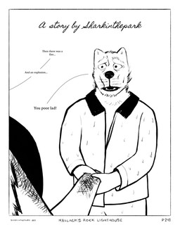 ambiguous_gender anthro border burn_marks clothing collared_jacket dialogue eyebrows facial_scar hand_holding jacket male markings scar scorch_mark simple_background text thick_eyebrows topwear water_drop whisker_markings white_background white_border white_clothing white_jacket white_topwear sharkinthepark macleish_(sharkinthepark) canid canine canis domestic_dog mammal 2025 4:5 absurd_res comic english_text greyscale hi_res monochrome