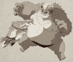 anthro belly biped duo kemono male moobs nipples overweight overweight_male size_difference gadoran canid canine mammal suid suine sus_(pig) wild_boar 2015