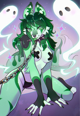 anthro black_body black_claws black_fur black_nose breasts chain claws collar ear_piercing facial_piercing female fur green_body green_eyes green_fur green_hair green_tongue hair kneeling looking_at_viewer medium_breasts multicolored_body multicolored_fur nose_piercing nose_ring pasties piercing ring_piercing solo spiked_collar spikes string_panties tongue tongue_out wolf_ears wolf_tail cepto_(artist) canid canine canis ghost mammal spirit wolf hi_res