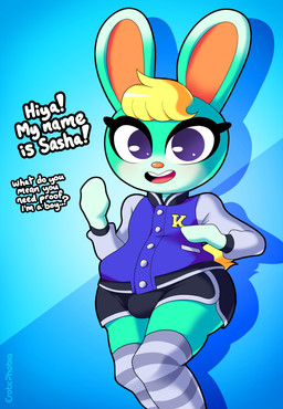 anthro bottomwear clothing femboy footwear jacket knee_highs knee_socks legwear letterman_jacket male shorts socks solo topwear eroticphobia animal_crossing nintendo sasha_(animal_crossing) lagomorph leporid mammal rabbit digital_media_(artwork) hi_res shaded
