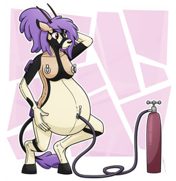 5_fingers air_inflation anthro black_hooves black_horn black_nose breasts eyebrows female fingers hooves horn hose hose_inflation inflatable inflation multicolored_body nipples red_eyes small_breasts solo standing tan_body white_nipples s7v8 animate_inanimate antelope bovid gazelle living_inflatable mammal hi_res