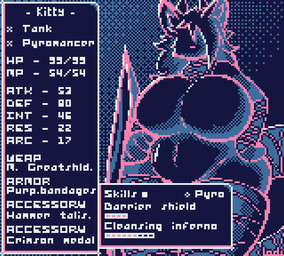 anthro bandage big_breasts big_hands big_tail breasts convenient_censorship eyeless female gameplay_mechanics hair hair_over_eyes holding_object holding_shield horn huge_breasts hyper hyper_breasts long_hair navel nude nude_anthro nude_female overweight overweight_anthro overweight_female shield solo stat_display stats tail text thick_thighs conditional_dnp lodi_(artist) kitty_(firepawdacat) bubblemummy domestic_cat felid feline felis mammal digital_media_(artwork) english_text pixel_(artwork) restricted_palette signature