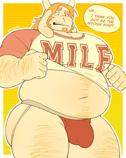 2_horns 5_fingers anthro arm_hair beard belly_hair big_muscles big_pecs blonde_beard blonde_eyebrows blonde_facial_hair blonde_hair body_hair bulge clothing dialogue digitigrade eyebrows facial_hair fingers fur hair horn jockstrap leg_hair male mature_anthro mature_male musclegut muscular navel nipple_outline overweight overweight_male pecs red_clothing red_jockstrap red_underwear shirt slightly_chubby slightly_chubby_anthro slightly_chubby_male solo speech_bubble text text_on_clothing text_on_shirt text_on_topwear topwear underwear white_body white_fur roroba83 undertale_(series) asgore_dreemurr bovid caprine goat mammal 2026 digital_drawing_(artwork) digital_media_(artwork) english_description english_text hi_res