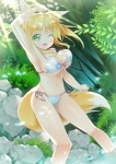 big_breasts bikini blonde_hair blush bounce breasts clothed clothing dipstick_tail fangs female fox_tail fur grass green_eyes hair leaf light looking_at_viewer markings nature one_eye_closed open_mouth orange_body orange_fur outside plant rock shrub skimpy solo standing sunlight swimwear tail tail_markings teeth tongue tree two-piece_swimsuit water wings yellow_body yellow_fur ichi_makoto dog_days yukikaze_panettone animal_humanoid canid canid_humanoid canine canine_humanoid fox fox_humanoid humanoid mammal mammal_humanoid hi_res