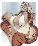 anthro big_breasts blue_eyes breasts clothed clothing eyewear female fur glasses grey_hair hair huge_breasts long_hair looking_at_viewer mature_female nipple_outline solo stripes tail mintli edel_(muttoverlord) felid mammal pantherine tiger hi_res