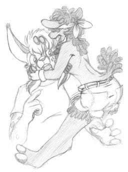 anthro bottomwear clothed clothing dreadlocks duo female male shorts topless young wolfkidd constance_blacksheep bovid caprine domestic_sheep felid feline lynx mammal sheep 2014 monochrome