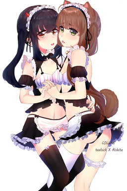 absolute_territory bangs black_clothing black_hair black_legwear black_panties black_thigh_highs black_underwear bodily_fluids breasts brown_hair butt camel_toe clothed clothing duo eyebrow_through_hair eyebrows female female/female green_eyes hair hand_holding horn interlocked_fingers legwear light_body light_skin long_hair maid_headdress maid_uniform navel panties red_eyes saliva saliva_string simple_background skimpy small_breasts text thigh_highs translucent translucent_hair underwear uniform white_background white_clothing white_legwear white_thigh_highs aishite tealsick animal_humanoid demon demon_humanoid humanoid 2020 artist_collaboration artist_name digital_media_(artwork) english_text hi_res shaded