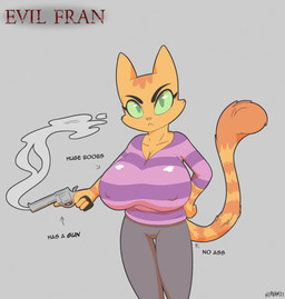 4_fingers angry anthro bent_arm big_breasts big_eyes big_nipples biped black_eyebrows black_text bold_text bottomwear breasts cheek_tuft cleavage closed_frown clothed clothed_anthro clothed_female clothing collarbone directional_arrow eyebrows eyelashes facial_markings facial_tuft female fingers frown fully_clothed fully_clothed_anthro fully_clothed_female fur fur_tuft glistening glistening_clothing glistening_eyes glistening_shirt glistening_t-shirt glistening_topwear green_eyes green_sclera grey_background grey_bottomwear grey_clothing grey_pants gun hand_on_hip hand_on_own_hip head_markings holding_gun holding_object holding_ranged_weapon holding_weapon huge_breasts humanoid_hands iris legs_together light_body light_fur looking_at_viewer markings mature_anthro mature_female mouth_closed nipple_outline nipples no_pupils orange_body orange_ears orange_fur orange_stripes orange_tail pants pattern_clothing pattern_shirt pattern_t-shirt pattern_topwear pink_nose pointy_ears prick_ears purple_clothing purple_shirt purple_t-shirt purple_topwear ranged_weapon red_text shirt simple_background solo standing steam straight_legs striped_arms striped_body striped_clothing striped_face striped_fur striped_markings striped_shirt striped_t-shirt striped_tail striped_topwear stripes t-shirt tail tail_markings text text_emphasis textured_background thick_eyebrows thick_thighs thigh_gap three-quarter_view topwear tuft weapon hornamoo litterbox_comics fran_(litterbox_comics) domestic_cat felid feline felis mammal tabby_cat 2025 absurd_res artist_name character_name digital_drawing_(artwork) digital_media_(artwork) english_text hi_res portrait three-quarter_portrait